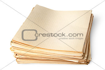 Stack of old yellowed sheets of school notebooks top view