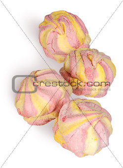 Yellow and pink marshmallow in the row