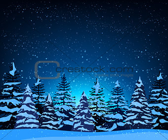 Landscape with silhouettes of snow-covered fir trees