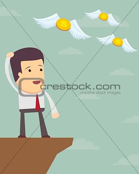 sad man in  suit see off  flying away money.