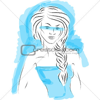 Fashion girl sketch on blue background. Vector illustration