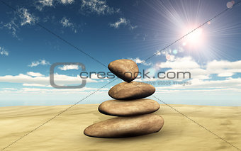 3D balancing pebbles on sand against a sunny sky