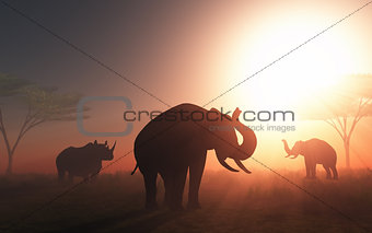 3D wild animals at sunset