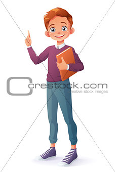 Vector clever smiling boy index finger pointing up with idea.