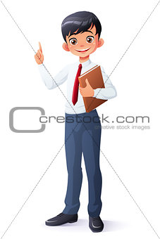 Vector smart young Asian school boy index finger pointing up.