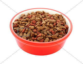 Dry cat biscuits in a red pet food bowl