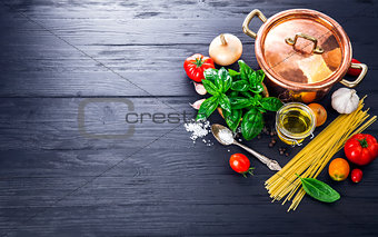Italian food preparation pasta on wooden board