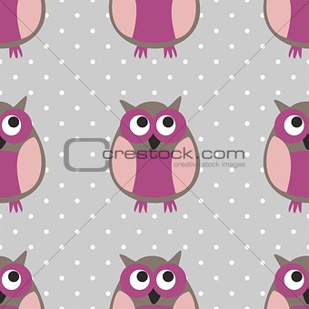Tile vector pattern with owls on grey and polka dots background