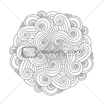 Graphic Mandala with waves and curles. Element of sea. Zentangle inspired style.