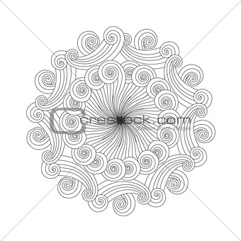 Graphic Mandala with waves, swirls and curles. Zentangle inspired style.