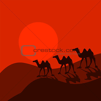 Camel caravan in desert cartoon vector.