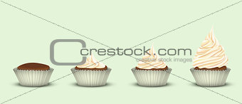 Set of 4 cupcakes with a different amount of cream