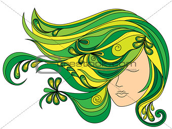 Female head with flowing green hair