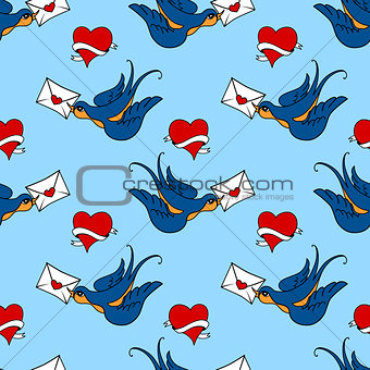 seamless pattern with swallows, old school tattoo