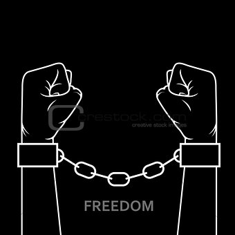Clenched fist in shackles - handcuffs with chain, slavery concep