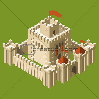 Isometric medieval castle with fortified wall and towers