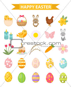 Easter icon set, flat style. Isolated on white background. Vector illustration.