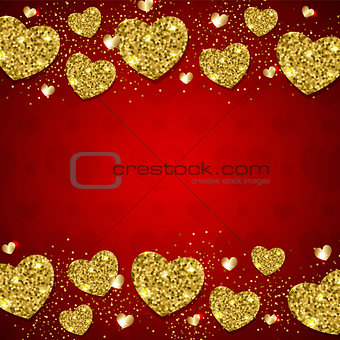 Golden hearts on a red background