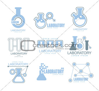 Chemical Laboratory Facility Logo Graphic Design Templates Set In Light Blue Color With Test Tubes Silhouettes