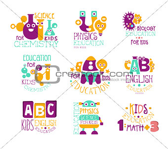 Kids Science Education Extra Curriculum Club Label Templates In Colorful Cartoon Style With Smiling Characters