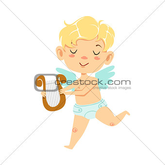 Boy Baby Cupid With Lira, Winged Toddler In Diaper Adorable Love Symbol Cartoon Character