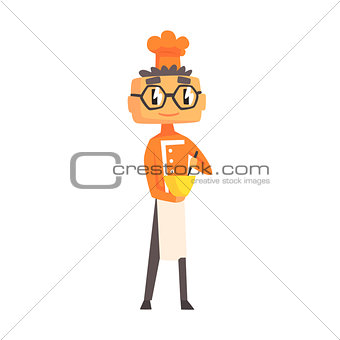 Professional Cook In Glasses In Classic Double Breasted Orange Jacket And Toque Mixing Sauce In Bowl