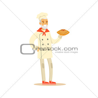 Old Man Professional Cooking Chef Working In Restaurant Wearing Classic Traditional Uniform Holding A Pie Cartoon Character