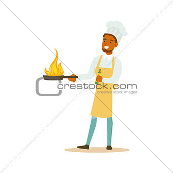 Man Professional Cooking Chef Working In Restaurant Wearing Classic Traditional Uniform With Burning Frying Pan Cartoon Character