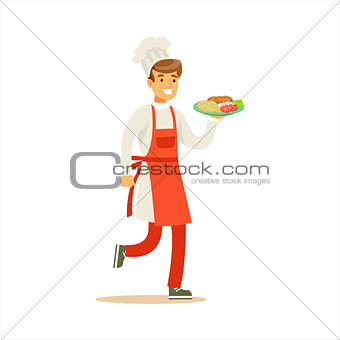 Man Professional Cooking Chef Working In Restaurant Wearing Classic Traditional Uniform Delivering Ready Plate Cartoon Character