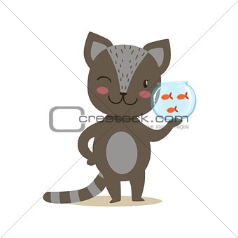 Black Little Girly Cute Kitten Holding Aquarium With Fish, Cartoon Pet Character Life Situation Illustration