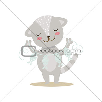 Grey Little Girly Cute Kitten With Paper Garland On String, Cartoon Pet Character Life Situation Illustration