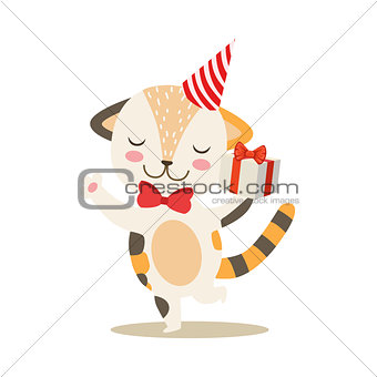 Dancing Little Girly Cute Kitten With Birthday Present Wearing A Party Hat, Cartoon Pet Character Life Situation Illustration