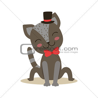 Black Little Girly Cute Kitten Wearing Top Hat And Bow Tie, Cartoon Pet Character Life Situation Illustration