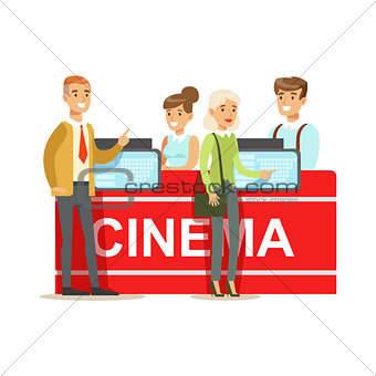 Cinema Visitors Buying Tickets At Counter, Part Of Happy People In Movie Theatre Series