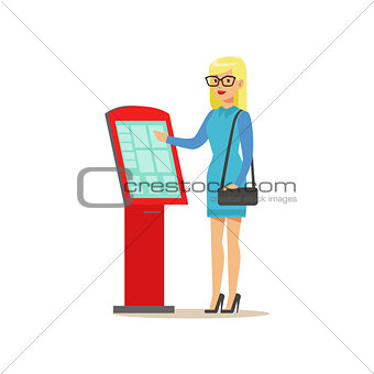 Girl In Glasses Buying Cinema Tickets In Touchscreen Automatic Machine, Part Of Happy People In Movie Theatre Series