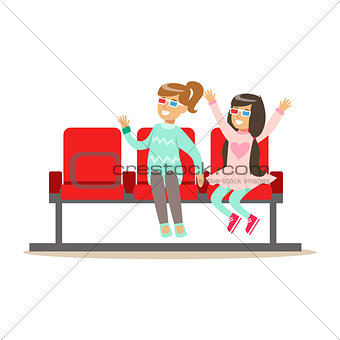 Two Girls Waiting Taking Seats In Cinema Room, Part Of Happy People In Movie Theatre Series