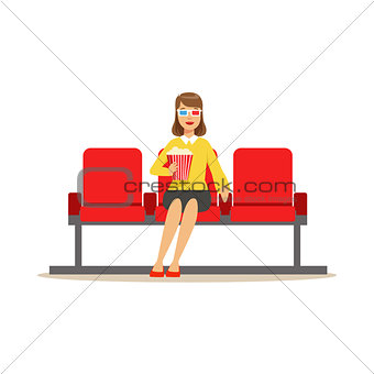 Woman In Cinema Room Alone With Popcorn And 3D Glasses, Part Of Happy People In Movie Theatre Series