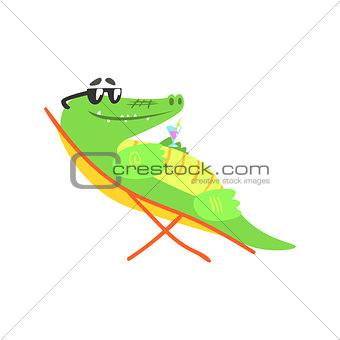 Crocodile Sunbathing On Sunbed With Cocktail, Humanized Green Reptile Animal Character Every Day Activity