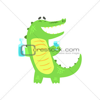 Crocodile WIth Bottle And Glass Having A Drink, Humanized Green Reptile Animal Character Every Day Activity