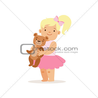 Blon Girl Standing WIth Teddy Bear, Adorable Smiling Baby Cartoon Character Every Day Situation