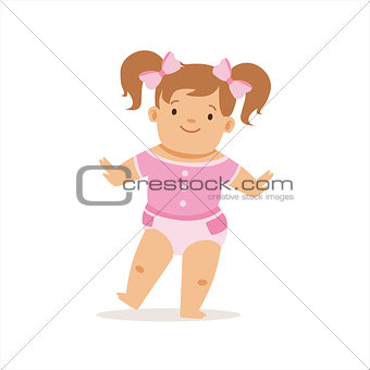 Girl With Ponytails Making First Steps, Adorable Smiling Baby Cartoon Character Every Day Situation