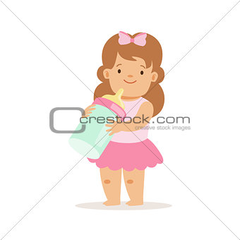 Girl In Pink Skirt With Milk Bottle, Adorable Smiling Baby Cartoon Character Every Day Situation