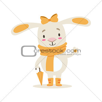 Little Girly Cute White Pet Bunny In Orange Autumn Clothes With Umbrella, Cartoon Character Life Situation Illustration
