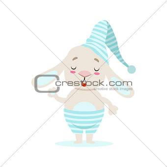 Little Girly Cute White Pet Bunny In Stripy Blue Night Hat, Cartoon Character Life Situation Illustration