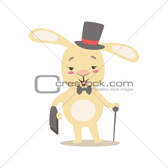 Little Girly Cute White Pet Bunny In Gentleman Costume With Top Hat, Cartoon Character Life Situation Illustration