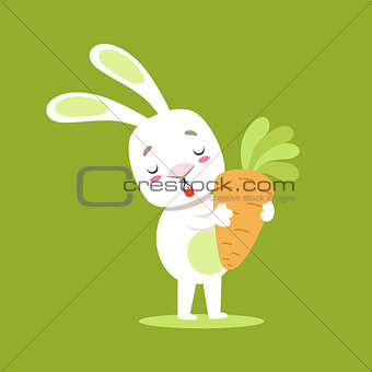 Little Girly Cute White Pet Bunny With Giant Carrot, Cartoon Character Life Situation Illustration