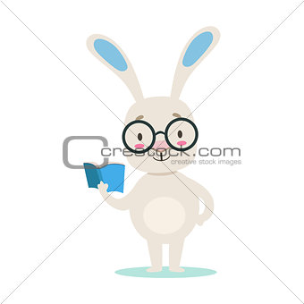 Clever Little Girly Cute White Pet Bunny Wearing Glasses Reading A Book, Cartoon Character Life Situation Illustration