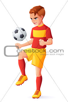 Vector young football or soccer player boy juggling with ball.
