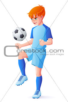 Vector young football or soccer player boy juggling with ball.