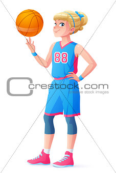 Vector cute little basketball player girl spinning ball on finger.
